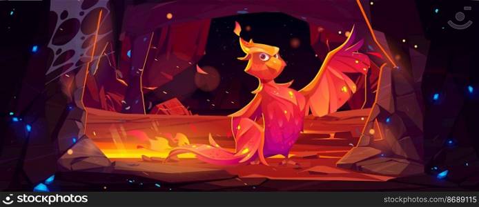 Phoenix or fenix fire bird cartoon character in underground cave with burning flame. Fantasy magic creature, fairytale folklore animal, symbol of immortality and reborn from ashes vector illustration. Phoenix, fenix fire bird cartoon character in cave