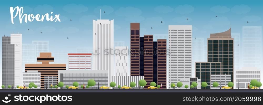 Phoenix Skyline with Grey Buildings and Blue Sky. Vector Illustration
