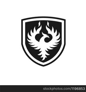 Phoenix with shield Vector Logo Template. Flying Fire Bird Illustration in a Shield. Perfect for Sport Team Emblems