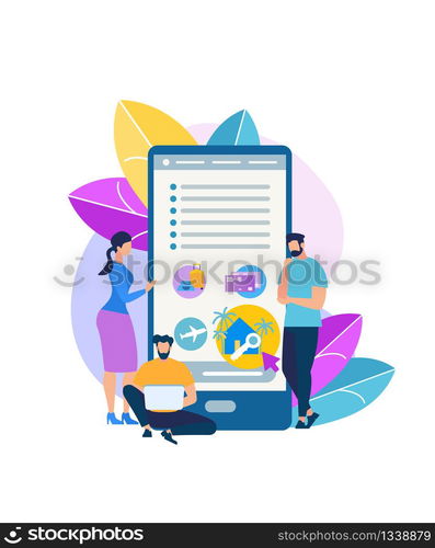 Phone App for Travelers Flat Vector Concept with People Booking Airline Tickets, Reserving Hotel Room, Planning Business Trip or Vacation Travel with Online Service or Mobile Application Illustration