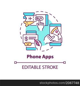 Phone apps concept icon. Home control with mobile phone. Daily automation abstract idea thin line illustration. Isolated outline drawing. Editable stroke. Roboto-Medium, Myriad Pro-Bold fonts used. Phone apps concept icon