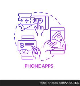 Phone apps purple gradient concept icon. Home control with mobile phone. Abstract idea thin line illustration. Isolated outline drawing. Editable stroke. Roboto-Medium, Myriad Pro-Bold fonts used. Phone apps purple gradient concept icon