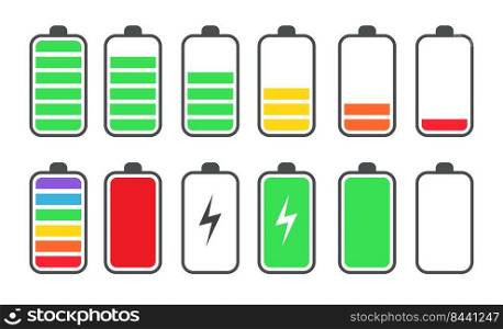 Phone battery charge status flat symbols set. Charge or recharge indicator, power loading isolated vector illustration collection. Smartphone UI symbols concept