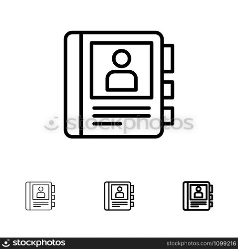 Phone, Book, Diary, Info Bold and thin black line icon set
