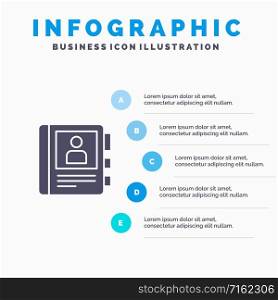 Phone, Book, Diary, Info Solid Icon Infographics 5 Steps Presentation Background