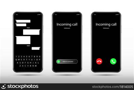 Phone call and chat screen. Realistic smartphone mockup, incoming call. Accept decline button and slider, mobile keyboard vector template. Smartphone interface incoming call screen illustration. Phone call and chat screen. Realistic smartphone mockup, incoming call. Accept decline button and slider, mobile keyboard vector template