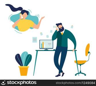 Phone Call from Office Flat Vector Concept. Businessman Talking with Woman on Phone, Employee Calling Wife During Break in Office, Company Manager Making Call to Client Illustration. Customer Support