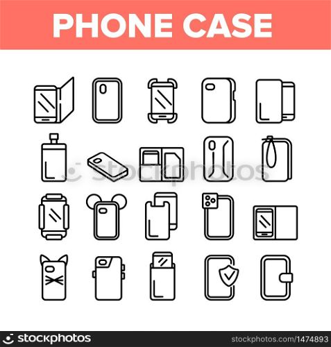 Phone Case Accessory Collection Icons Set Vector. Phone Protection Tool In Different Style, Glass Screen Protect And Waterproof Pouch Bag Concept Linear Pictograms. Monochrome Contour Illustrations. Phone Case Accessory Collection Icons Set Vector