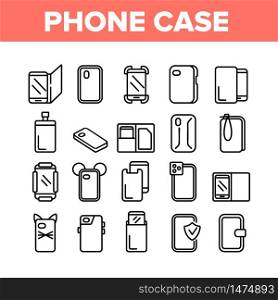 Phone Case Accessory Collection Icons Set Vector. Phone Protection Tool In Different Style, Glass Screen Protect And Waterproof Pouch Bag Concept Linear Pictograms. Monochrome Contour Illustrations. Phone Case Accessory Collection Icons Set Vector