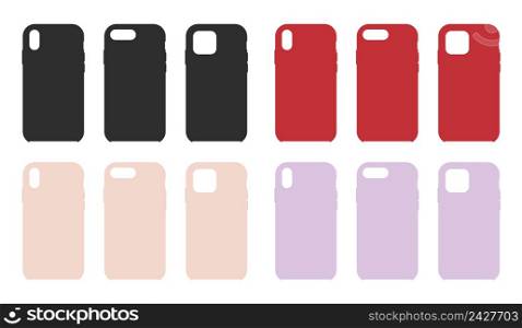 Phone case. Phone cover. Mockup of silicone smartphone case. Mock up of cellphone hard covers. Different Mockups and colors isolated on white background. Vector.