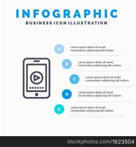 Phone, Cell, Play, Video Blue Infographics Template 5 Steps. Vector Line Icon template