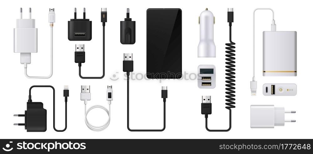 Phone charger. Realistic smartphone power supply. 3D USB cables and electric plugs. Automobile adaptors for charging devices. Isolated power cords. Vector digital equipment for accumulator refuels. Phone charger. Realistic smartphone power supply. 3D USB cables and electric plugs. Auto adaptors for charging devices. Power cords. Vector digital equipment for accumulator refuels