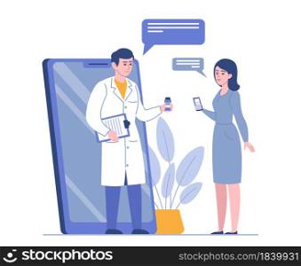 Phone consultation. Doctor consults female patient online, professional works through mobile app, internet buying medicines by virtual consultant vector concept. Phone consultation. Doctor consults female patient online, professional works through mobile app, internet buying medicines. Vector concept