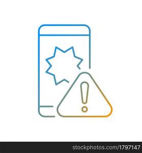 Phone crashes gradient linear vector icon. Smartphone and exclamation mark. Restarting and freezing mobile apps. Thin line color symbols. Modern style pictogram. Vector isolated outline drawing. Phone crashes gradient linear vector icon