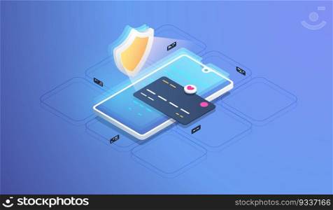 phone data protection. Mobile payment protection. Modern isometric illustration.