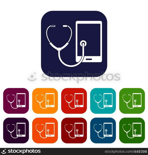 Phone diagnosis icons set vector illustration in flat style In colors red, blue, green and other. Phone diagnosis icons set flat