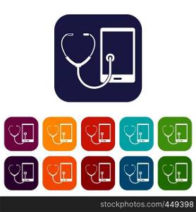 Phone diagnosis icons set vector illustration in flat style In colors red, blue, green and other. Phone diagnosis icons set flat