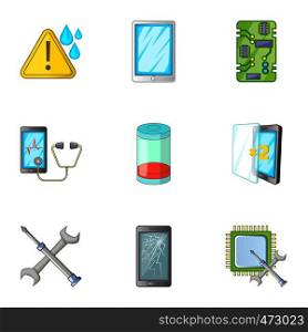 Phone diagnostics icons set. Cartoon set of 9 phone diagnostics vector icons for web isolated on white background. Phone diagnostics icons set, cartoon style