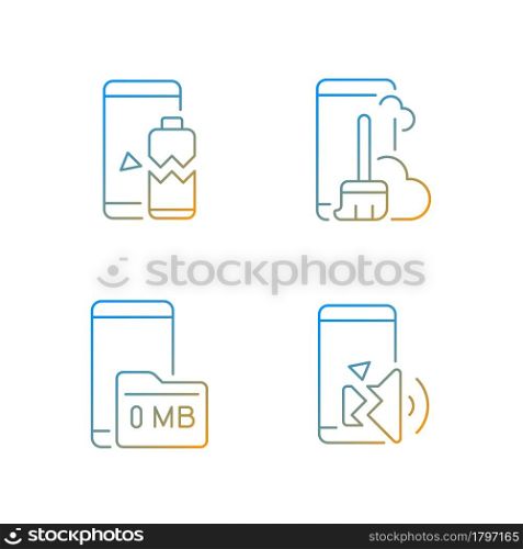 Phone errors gradient linear vector icons set. Broken smartphone. Battery issue. Memory card problem. Thin line contour symbols bundle. Isolated vector outline illustrations collection. Phone errors gradient linear vector icons set