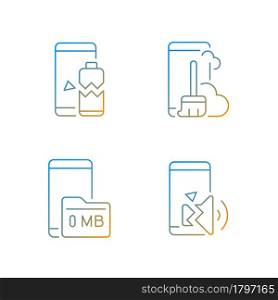 Phone errors gradient linear vector icons set. Broken smartphone. Battery issue. Memory card problem. Thin line contour symbols bundle. Isolated vector outline illustrations collection. Phone errors gradient linear vector icons set