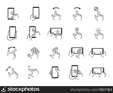 Phone gestures icons. Hand swiping and touching smartphone screen. Tablet or mobile display tap and click. Device using action signs. Electronic gadget interface pictograms. Vector finger point set. Phone gestures icons. Hand swiping and touching smartphone screen. Mobile display tap and click. Device using signs. Electronic gadget interface pictograms. Vector finger point set