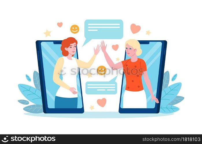 Phone greeting. Women remote greet each other through mobile gadgets, friends chat dialogue, people online communication app for distance friendship meeting vector concept. Phone greeting. Women remote greet each other through mobile gadgets, friends chat dialogue, people online communication app. Vector concept