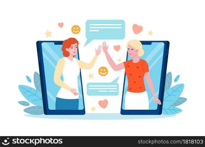 Phone greeting. Women remote greet each other through mobile gadgets, friends chat dialogue, people online communication app for distance friendship meeting vector concept. Phone greeting. Women remote greet each other through mobile gadgets, friends chat dialogue, people online communication app. Vector concept