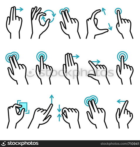 Phone hand gestures. Hand gesture for touchscreen devices, slide touch phone. Zoom move swipe press touching finger actions, vector symbols set. Phone hand gestures. Hand gesture for touchscreen devices, slide touch phone. Zoom move swipe press finger actions, vector symbols set