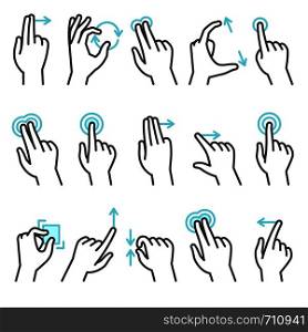 Phone hand gestures. Hand gesture for touchscreen devices, slide touch phone. Zoom move swipe press touching finger actions, vector symbols set. Phone hand gestures. Hand gesture for touchscreen devices, slide touch phone. Zoom move swipe press finger actions, vector symbols set