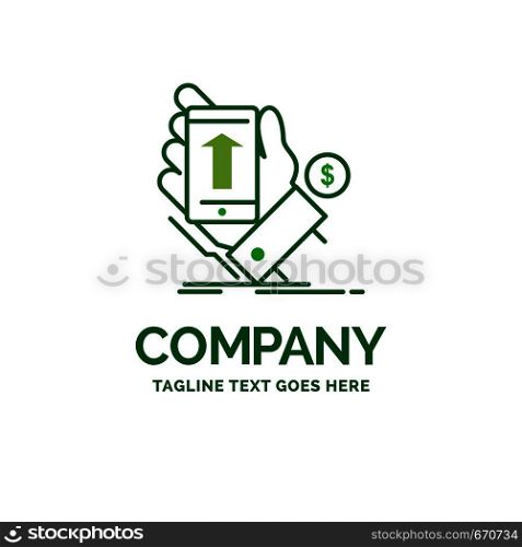 phone, hand, Shopping, smartphone, Currency Flat Business Logo template. Creative Green Brand Name Design.