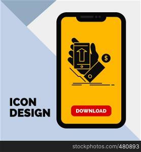 phone, hand, Shopping, smartphone, Currency Glyph Icon in Mobile for Download Page. Yellow Background. Vector EPS10 Abstract Template background