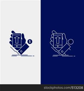 phone, hand, Shopping, smartphone, Currency Line and Glyph web Button in Blue color Vertical Banner for UI and UX, website or mobile application. Vector EPS10 Abstract Template background