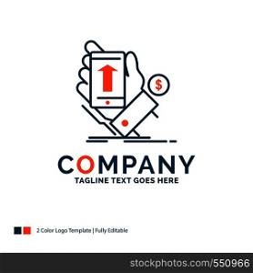 phone, hand, Shopping, smartphone, Currency Logo Design. Blue and Orange Brand Name Design. Place for Tagline. Business Logo template.