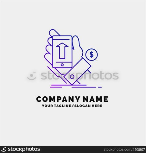 phone, hand, Shopping, smartphone, Currency Purple Business Logo Template. Place for Tagline. Vector EPS10 Abstract Template background
