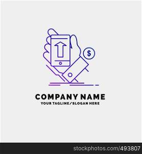 phone, hand, Shopping, smartphone, Currency Purple Business Logo Template. Place for Tagline. Vector EPS10 Abstract Template background
