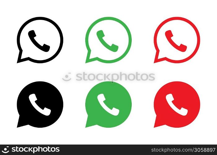 Phone icon. Chat bubble icon. Vector isolated elements. Black, green, red button in the smart phone. Stock vector. EPS 10