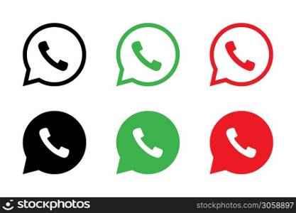 Phone icon. Chat bubble icon. Vector isolated elements. Black, green, red button in the smart phone. Stock vector. EPS 10