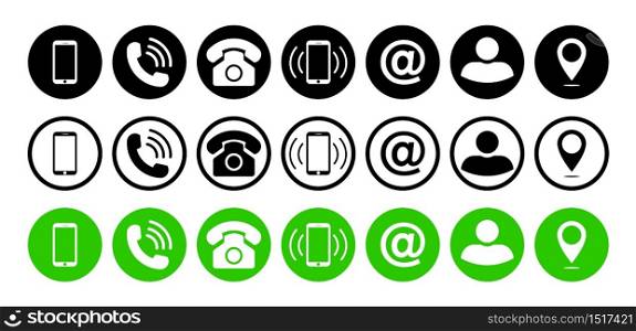Phone icons. Symbol of call hotline. Online service with mobile, mail, chat. Web business set for internet communication. Contacts for website support. Dial buttons for customer connection. Vector.. Phone icons. Symbol of call hotline. Online service with mobile, mail, chat. Web business set for internet communication. Contacts for website support. Dial buttons for customer connection. Vector