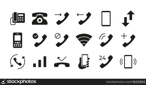Phone icons. Telephone mail and smartphone communication symbols. Answer and decline call black interface button. Phone network connection indicators mockup. Vector isolated minimal graphic signs set. Phone icons. Telephone mail and smartphone communication symbols. Answer and decline call interface button. Phone network connection indicators mockup. Vector isolated graphic signs set
