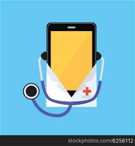 Phone in a White Coat and Stethoscope. Phone in a white coat and stethoscope. Smartphone dressed in a doctor shape isolated on a blue background. Medical healthcare and medicine mobile consultant in uniform profession. Vector illustration
