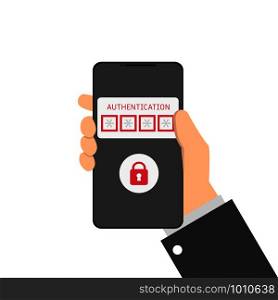 phone in hand authentication in flat style, vector. phone in hand authentication in flat style,