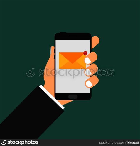 Phone in hand. sms message sign. Icon