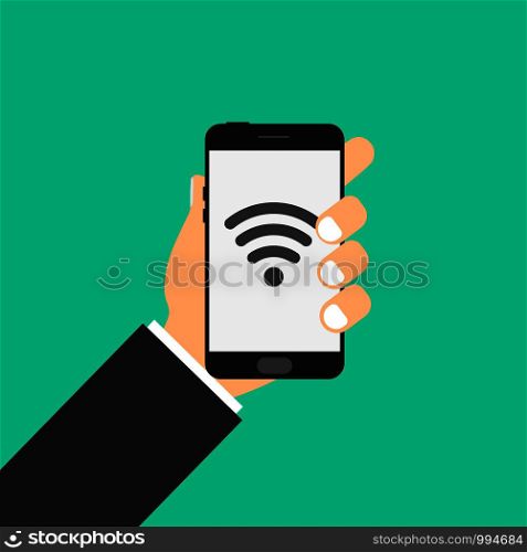 Phone in hand . wi-fi sign on screen