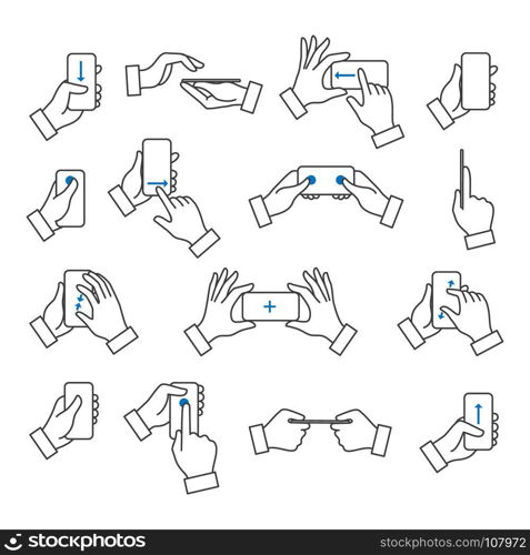 Phone in hand with gestures icons. Phone in hand. Mobile phones with touchscreen holding in hands with gestures vector icons collection