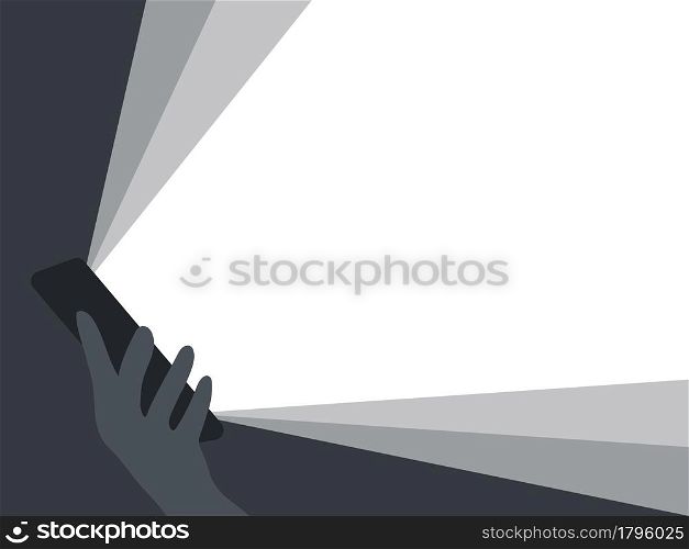 Phone in hand with light from the screen. Phone screen light. Background for advertising. Vector illustration