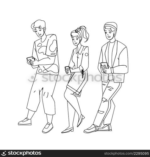 Phone Influence Teenagers Boys And Girl Black Line Pencil Drawing Vector. Young Students Phone Influence And Using Smartphone Application For Browsing In Social Media. Characters Technology Addiction. Phone Influence Teenagers Boys And Girl Vector