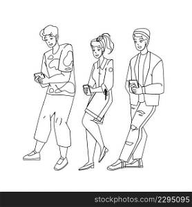 Phone Influence Teenagers Boys And Girl Black Line Pencil Drawing Vector. Young Students Phone Influence And Using Smartphone Application For Browsing In Social Media. Characters Technology Addiction. Phone Influence Teenagers Boys And Girl Vector