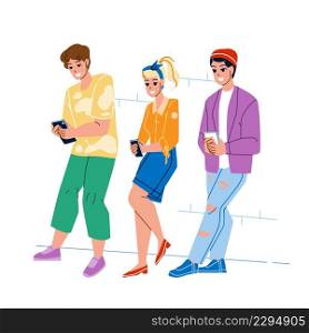Phone Influence Teenagers Boys And Girl Vector. Young Students Phone Influence And Using Smartphone Application For Browsing In Social Media. Characters Technology Addiction Flat Cartoon Illustration. Phone Influence Teenagers Boys And Girl Vector