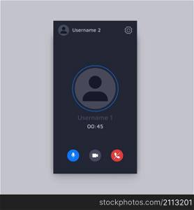 Phone interface. Mobile application layout for video calls, online conference and web meeting with buttons and incoming call screen. Vector illustration design connect phone video call. Phone interface. Mobile application layout for video calls, online conference and web meeting with buttons and incoming call screen. Vector illustration