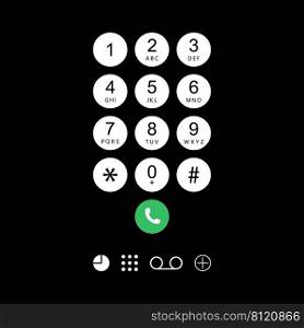 Phone keypad. Dial numbers on smartphone screen for call on black background. Cellphone with keyboard for mobile connection. Design of smart interface on display. Vector.